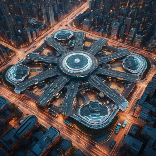 futuristic architecture,metropolis,helipad,futuristic art museum,hudson yards,solar cell base,futuristic landscape,shanghai,hub,highway roundabout,futuristic,oval forum,tianjin,transport hub,roundabout,city blocks,cinema 4d,sky space concept,dystopian,chongqing,Photography,General,Sci-Fi