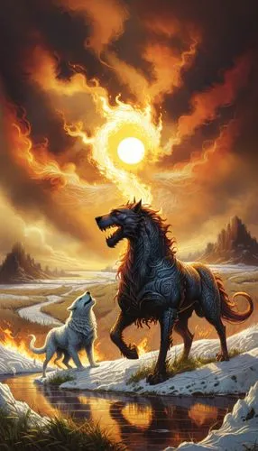 ice and fire,two large dogs running towards each other in a field,wolf couple,two wolves,riverclan,thunderclan,skyclan,fantasy picture,Illustration,Realistic Fantasy,Realistic Fantasy 25