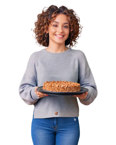 Grateful woman, Thanksgiving theme, warm smile, bright eyes, curly brown hair, subtle makeup, golden earrings, soft sweater, jeans, holding plate of food, autumn leaves background, cozy atmosphere, na