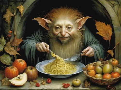 dwarf cookin,cornucopia,fettuccine,prejmer,appetite,orzo,still life with onions,albrecht dürer,dwarf sundheim,cacciucco,omnivore,woman eating apple,pignolata,spätzle,capellini,leonardo devinci,dwarf,eat,stravecchio-parmesan,hobbit,Illustration,Realistic Fantasy,Realistic Fantasy 14