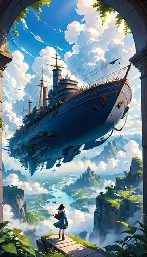 airships,airship,skyship,ghibli,sea fantasy,voyage,neverland,dirigible,ship wreck,air ship,tirpitz,violet evergarden,studio ghibli,fantasia,yamato,kaga,gangplank,kantai,oceanliner,ship travel,Anime,Anime,Realistic