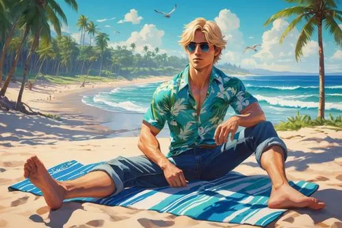 Eren Yeager, muscular man, blonde hair, blue eyes, strong jawline, relaxed posture, sitting on a beach towel, Hawaiian shirt, ripped jeans, flip flops, sunglasses, holding a surfboard, calm sea, clear