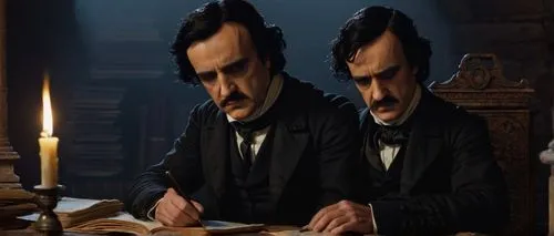 Dark fantasy author, Edgar Allan Poe, sitting at a dimly lit, ornate wooden desk, surrounded by scattered papers, quills, and leather-bound books, wearing a black suit, white shirt, and a black tie, w