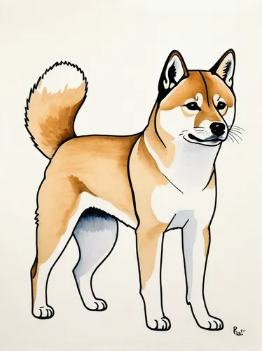 A drawing of a shiba inu showing the full body, in one-line drawing, figure outline only, single line, simple, in the style of one-line, single line drawing, black line on white background, colorful, 