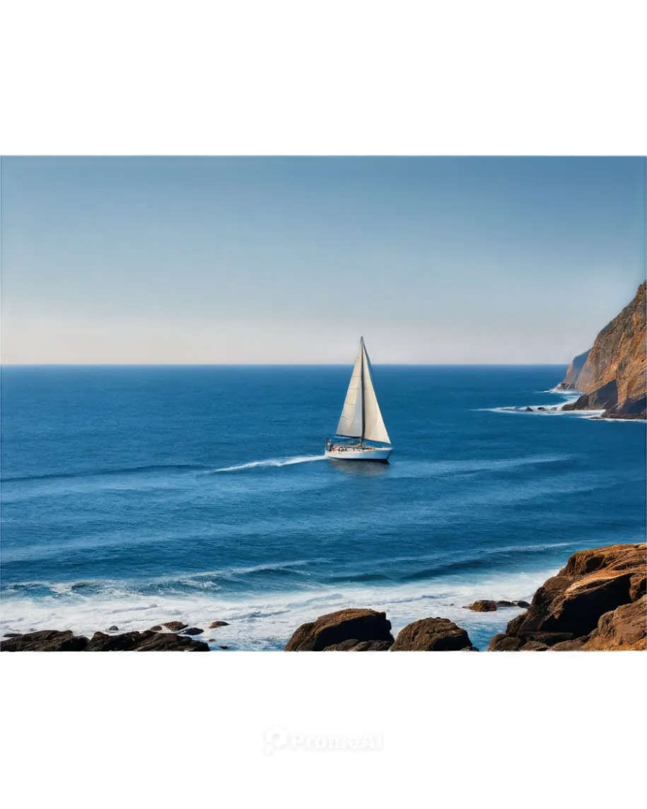 Calm ocean, HD picture, vast blue waters, gentle waves, sunlight reflection, horizon line, sailboat in distance, seagulls flying overhead, detailed sea foam, rocky coastline, morning mist, warm lighti