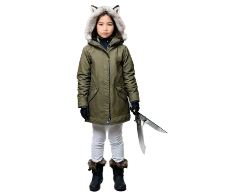 Anorak, Inuit girl, traditional clothing, parka, fur-lined hood, wolf skin, white pants, Kamik boots, holding a harpoon, standing, snowy background, cold climate, winter season, cinematic lighting, sh