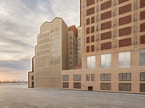 New York, creme colored brick facade, opaque glass, opaque greenhouse cars driving by, people walking on sidewalks, roads on bottom, evening lighting, greenhouse, add buildings to the left,hoboken con