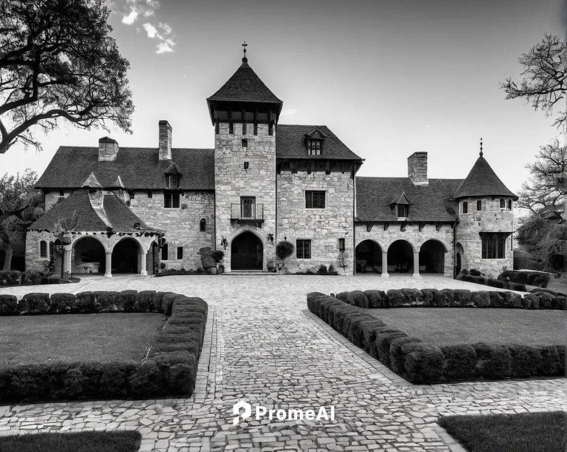 Drawing of a (small (one-story) medieval German-style Keep and walls with a driveway and garage, small gatehouse, stone walls and battlements, Texas countryside (large yard), terrace, (orchard), (moat