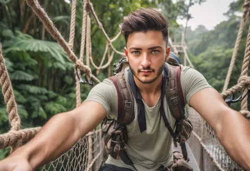 taking a selfie on a rope bridge, lush jungle, traveler, explorer, 150mm, dlrs, canon eos r 3, f / 1. 4, iso 2 0 0, 1 / 1 6 0 s, 8 k, raw, unedited, symmetrical balance, Realistic skin texture, micro 