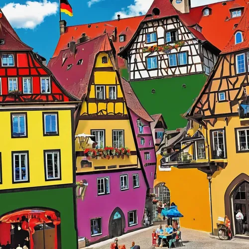 colmar city,rothenburg,tübingen,colmar,half-timbered houses,freiburg,luneburg,glockenspiel,nuremberg,colorful city,houses clipart,half-timbered wall,escher village,bamberg,wissembourg,half-timbered,bremen town musicians,germany,erfurt,oktoberfest background,Conceptual Art,Oil color,Oil Color 21