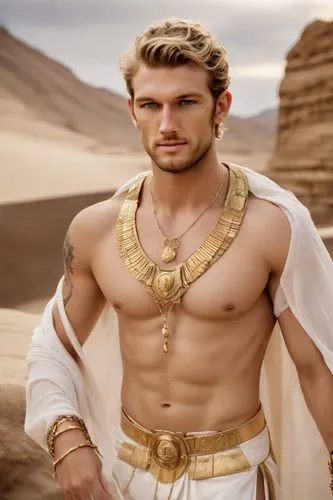 Alex Pettyfer as The gold sphinx king wears a white linen skirt with gold and gold details, accompanied by a pectoral decorated with  gems. He wears a gold diadem with a cobra in the center and golden