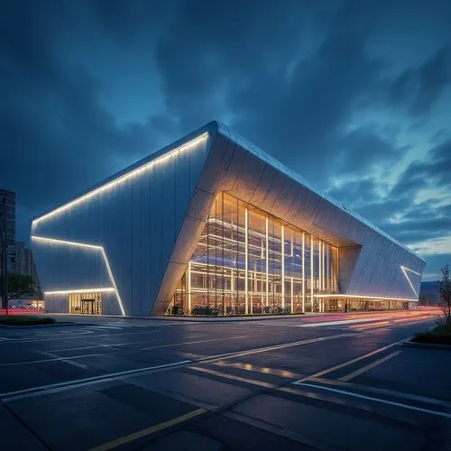 Modern distribution center, innovative facade design, industrial chic, metallic materials, silver aluminum panels, LED lights, geometric shapes, futuristic feel, urban landscape, cityscape, busy stree