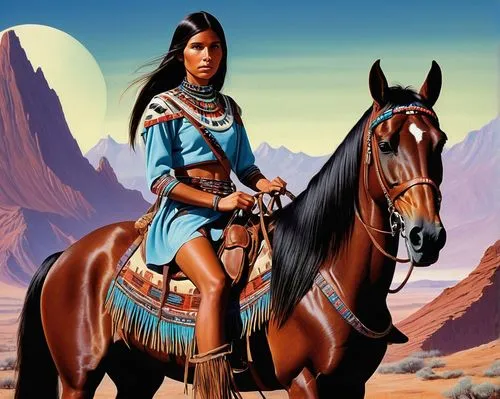 A young skinny woman with long straight dark hair, tanned skin and dark brown eyes. She is dressed with a native american clothes. She is mounting a horse. The background is an alien planet. Retro sci