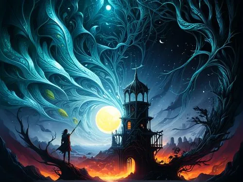 a painting of a man standing on a hill next to a tower,halloween background,carcosa,witch's house,halloween wallpaper,halloween poster,fantasy picture,Illustration,Realistic Fantasy,Realistic Fantasy 