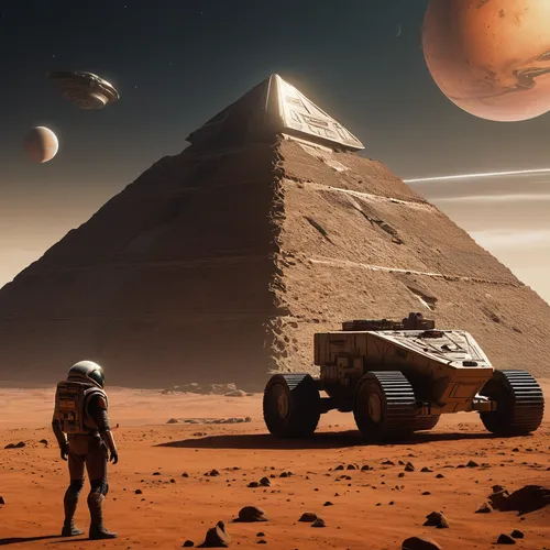 red planet,martian,mission to mars,mars probe,eastern pyramid,olympus mons,mars rover,planet mars,kharut pyramid,pyramids,the great pyramid of giza,pyramid,step pyramid,mound of dirt,alien world,russian pyramid,alien planet,futuristic landscape,extraterrestrial life,space art,Illustration,American Style,American Style 08