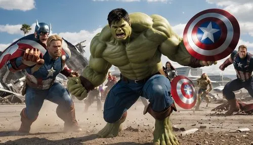 There is an airport in Los Angeles, there is a fight between Thor and Gourd, Captain America and Hulk, on the right side are Gourd and Hulk and on the left side are Hulk and Captain America, there is 