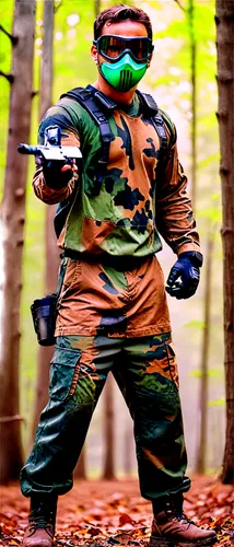 Male player, dynamic pose, holding paintball gun, wearing mask, camouflage clothing, black gloves, brown combat boots, muscular arms, intense facial expression, sweat on forehead, green forest backgro