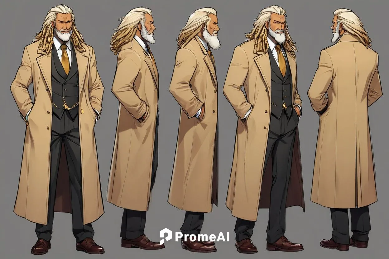 A male supervillain in a suit, a man in his 50s, furry mane around his collar, long overcoat, walking cane, muscular figure, blond dreads, beard, dark skin tone, extravagant with gold jewelry, color: 