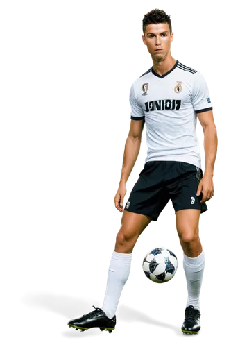 Cristiano Ronaldo, soccer player, athletic build, muscular arms, strong facial features, short spiky hair, intense gaze, serious expression, white jersey, number 7, black shorts, soccer cleats, confid