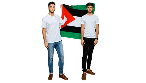 standing, young adult, male, Palestinian flag, holding photo, casual wear, white shirt, dark jeans, brown shoes, serious expression, slight smile, messy short black hair, warm lighting, shallow depth 