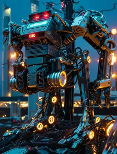 an electric robot with glowing lights is sitting in front of a big city,cybertron,terminators,computron,robotics,cybertronian,garrison,Conceptual Art,Sci-Fi,Sci-Fi 09