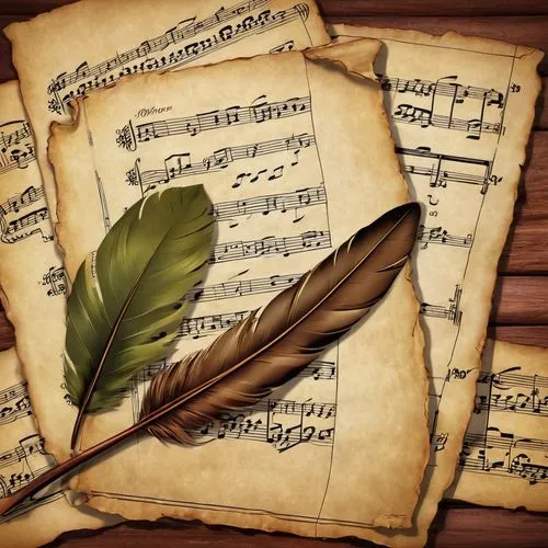 Illustrate an old quill writing on parchment sheet music using the **"Old Manuscript"** palette. Use **Aged Olive** for the quill, **Tattered Linen** for the parchment, and **Deep Mahogany** for the i