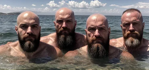 three bald men are standing in the water,archipelagoes,baymen,stereograms,mcartor,bjornsson,beardall,clinkenbeard,snitsky,graybeards,alexandrovich,stereoscopic,stereogram,hirsute,oystermen,nektarios,p