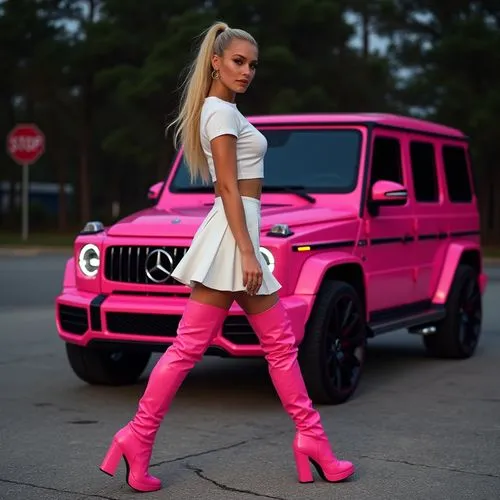 Based on the image, here is a detailed description of the outfit, scene, pose, and car:

**Outfit:**

The person in the image is wearing a striking, coordinated outfit that matches the bright pink col