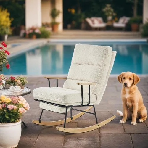 夕阳下，庭院中，泳池旁，小狗，茶桌，家人,dog sitting in front of a chair and a swimming pool,patio furniture,cavalier king charles spaniel,outdoor furniture,thonet,chaise lounge,nova scotia duck tolling retriever