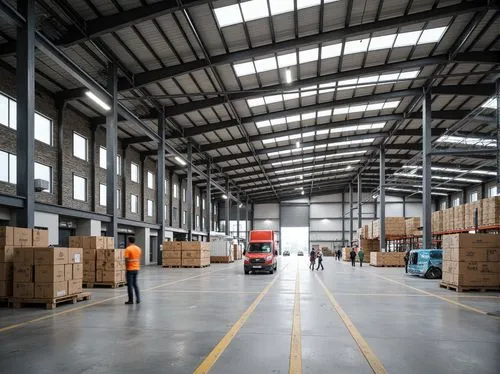 Modern distribution center, industrial architecture, steel frames, metal cladding, corrugated roofs, loading docks, cargo containers, pallet racks, concrete floors, epoxy coatings, LED lighting, energ