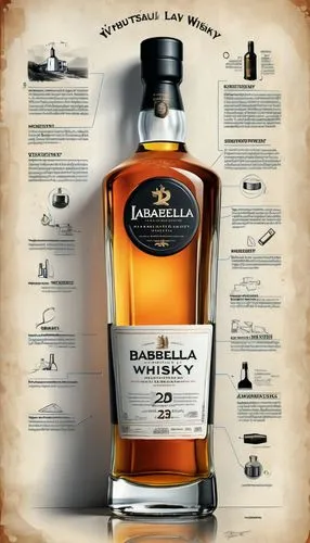 an industrial design sketch of a beautiful Isabella’s Islay whiskey ancient whisky bottle, movie poster advertising (construction plan) modern style with some advertising notices,  frozen effect, movi