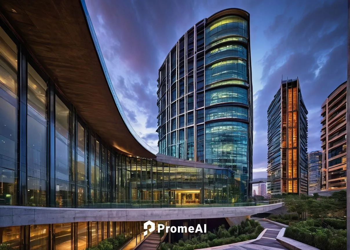 Modern skyscraper, futuristic design, sharp angular lines, glass facade, steel beams, LED lights, rooftop garden, cityscape view, urban atmosphere, 3/4 composition, low-angle shot, dramatic lighting, 