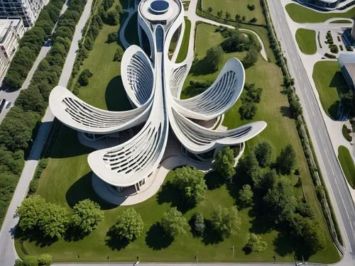 people walking around building,an aerial view of the building that looks like a cone in the middle of a green park,futuristic architecture,futuristic art museum,ordos,calatrava,koolhaas,futuroscope,Ph