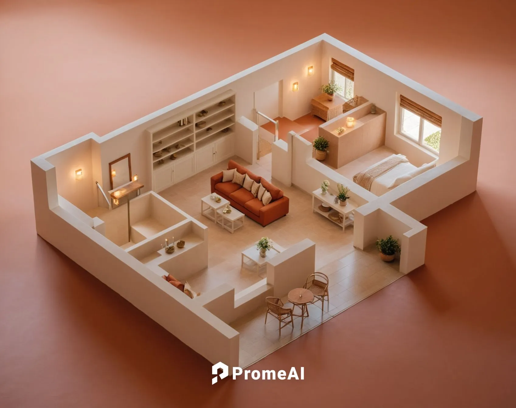 3D Floor plan, Modern home,a top down view of a small open concept house,miniature house,an apartment,dolls houses,model house,dollhouses,apartment,Photography,General,Realistic