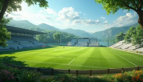 Natural sports fields, lush green grass, vibrant flowers, rolling hills, serene lakeside, wooden benches, rustic fences, sports equipment, goalposts, scoreboards, athletic tracks, modern stadium desig