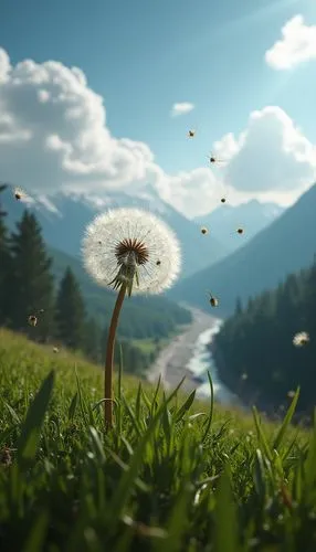 a dandelion standing in the grass in front of mountains,dandelion background,dandelion meadow,dandelion flying,flying dandelions,taraxacum,common dandelion,Photography,General,Realistic