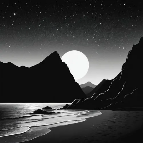 dark beach,moonscape,lunar landscape,moonlit night,moonlit,sea night,moonscapes,moonlight,lune,moonlighted,moonglow,nightscape,moondance,moon and star background,moonrise,dune sea,moonless,black beach,moonstruck,moonshadow,Illustration,Black and White,Black and White 33