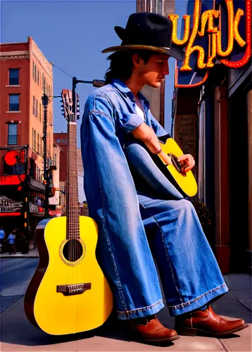 Nashville, Tennessee, cityscape, daytime, sunny, country music scene, Broadway street, honky tonk bars, neon signs, guitar-shaped decorations, cowboy hat, boots, denim jeans, acoustic guitar, singer-s