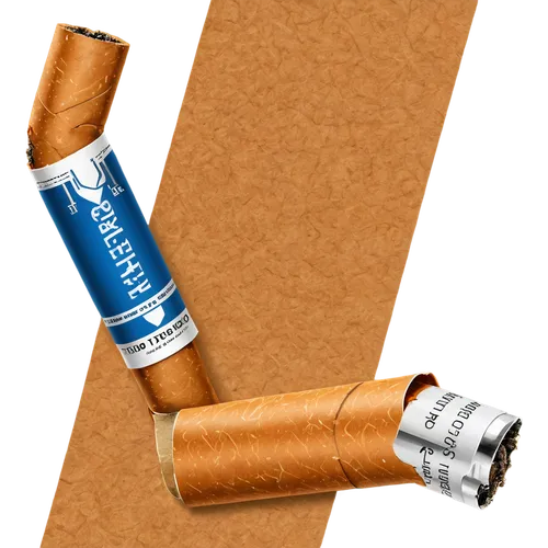 Cigarette, realistic texture, smooth surface, silver filter tip, white paper tube, brown tobacco, 3/4 composition, shallow depth of field, soft focus, warm lighting, isolated on transparent background