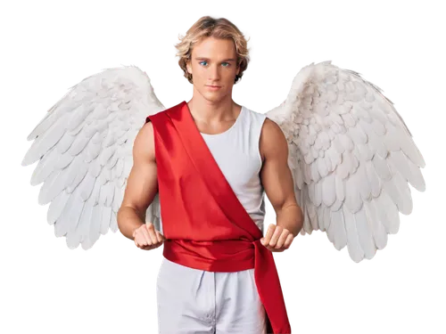 Wings unfolded, majestic male Archangel, solo, (adult), strong facial features, short golden hair, piercing blue eyes, white feathers, radiant aura, holy halo, muscular arms, white toga, red sash, sta