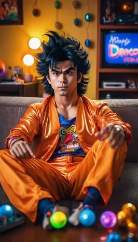 Goku, sitting, relaxed posture, messy black hair, casual orange gi, loose sleeves, lazy eyes, focused gaze, TV screen, bright colors, modern living room, cozy atmosphere, soft couch, few snacks on cof