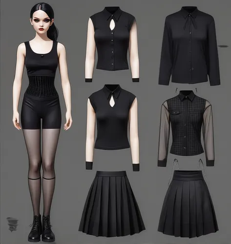 Paper doll goth girl in black sleeveless shirt ,black tight fit spandex shorts with fishnet and black boot standing surrounded by with a set of goth fashion clothing, shirt, plaid pleated skirt, black