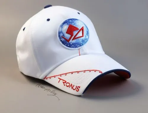 "flexfit" baseball cap, canvas trim, "SD", "TRONUS"logos, all white with red and navy trim color scheme ,Tronus baseball cap 2,hatsopoulos,ballcaps,skycaps,starcaps,caps,baseball cap,Illustration,Real