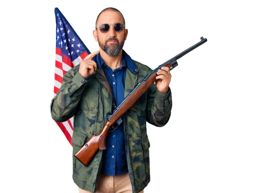 American flag, waving in wind, star-spangled banner, Second Amendment theme, patriotic, solo male figure, middle-aged, beard, sunglasses, camouflage clothing, holding rifle, strong grip, determined ex