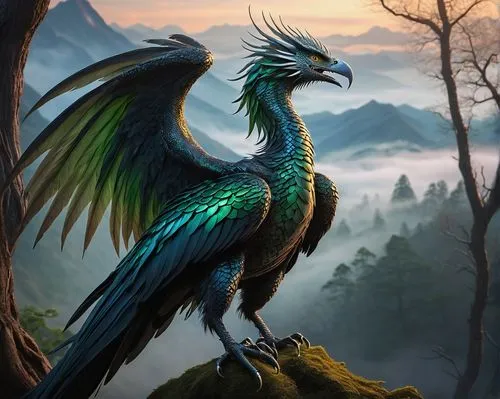 quetzal,nicobar pigeon,gryphon,green dragon,forest dragon,guatemalan quetzal,gonepteryx cleopatra,garuda,blue and gold macaw,painted dragon,aves,fantasy art,fantasy picture,green bird,bird of prey,basilisk,blue macaw,gonepteryx rhamni,king of the ravens,nature bird,Illustration,Realistic Fantasy,Realistic Fantasy 18