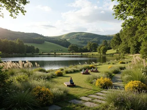 Serene natural scenery, rolling hills, tranquil lakeside, lush greenery, vibrant wildflowers, meandering pathways, wooden benches, minimalist landscaping, eco-friendly materials, sustainable design, h