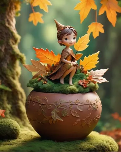 autumn background,autumn cupcake,autumn theme,tinkerbell,thumbelina,fallen acorn,Unique,3D,3D Character