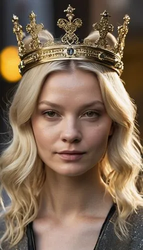 Mia Wasikowska
,olhos castanhos claros, ((rainha muito blonde, crown in the head)), com grandes cabelos ondulados ao vento. Idade 45 years old, swidish style white skin with colar, grey lips, gold bac