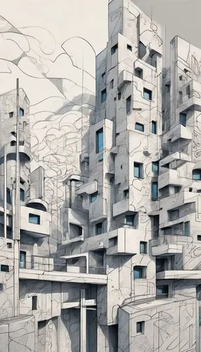 apartment block,unbuilt,hashima,habitat 67,arcology,scampia,city blocks,brutalist,morphosis,apartment blocks,density,kirrarchitecture,miralles,densification,cubic house,corbu,highrise,apartment building,balconies,multistory,Illustration,Black and White,Black and White 05