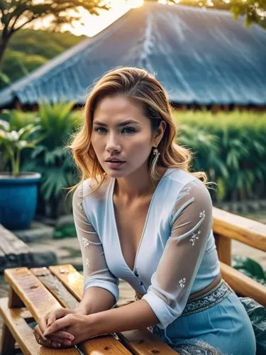 asian woman sitting on wooden bench outside posing for pograph,a beautiful woman sitting on top of a wooden bench,laotian,karylle,vietnamese woman,vietnamese,zarkasih,pakorn,Photography,General,Cinema